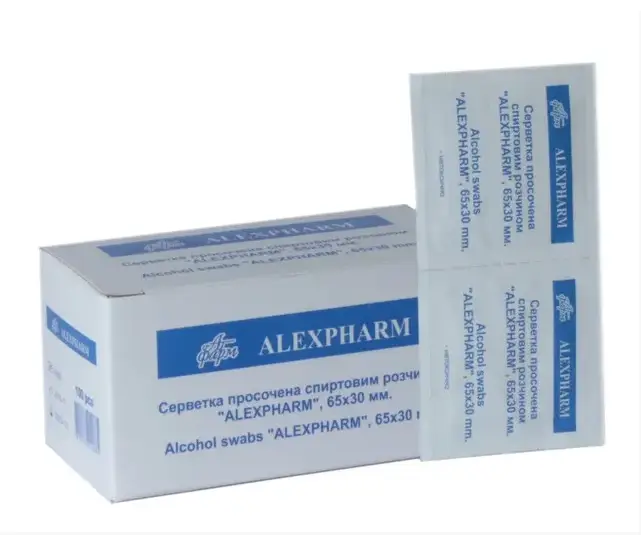 Серветки просочені спиртовим розчином "ALEXPHARM", 65х30 мм №100