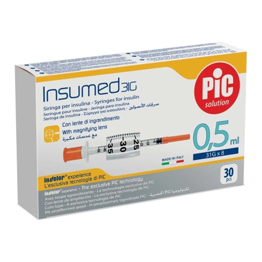Шприци інсулінові стерильні INSUMED 0,5 мл з голкою 31G x 8 (0,25 х 8 мм), 30 шт/уп.